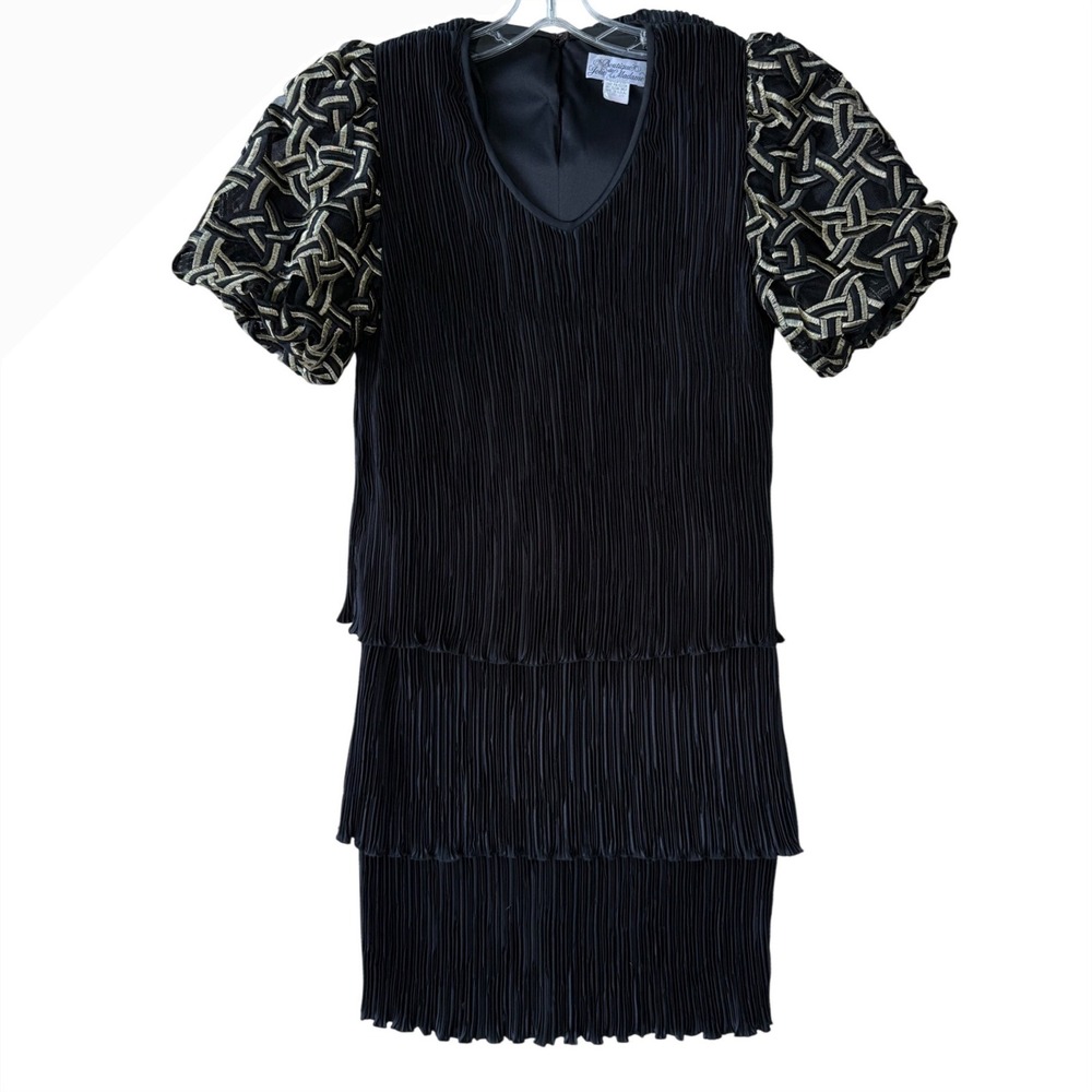 BOUTIQUE de JOLIE MADAME VINTAGE Black Pleated Dress Gold Puff Sleeves Size 10